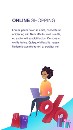 Online Shopping Website Element Vector Template. E-payment Flat Illustration. Woman with Laptop Sitting on Percentage. Customer Loyalty. Client Benefits Concept. Online Store Web Banner Conceptのイラスト素材