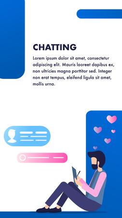Man use Tablet Online Love Chatting make Friend. Social Media Communication, Chat. Man Sit Write Draw on Clipboard. Bearded Young Freelancer use Network. Flat Cartoon Vector Illustrationのイラスト素材