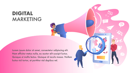 Digital Marketing Website Vector Color Template. SEO Advertising. Digital Media Landing Page. Television, Internet Network Flat Illustration. Internet, Print, Mobile Media, SEM Web Banner Conceptのイラスト素材