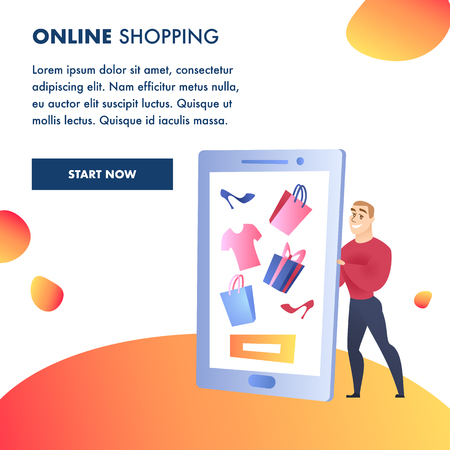 Online Shopping Website Element Vector Template. Internet Marketing, E-Payment Illustration. Man Holding Smartphone. Advertising Campaign. Gifts and Purchases. Online Store Web Banner Conceptのイラスト素材