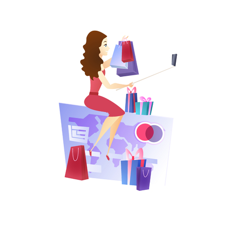 Online Shopping Website Design Element Template. E-Commerce Development. Happy Woman with Gifts and Packages. Making Selfie. Internet, Digital Marketing Illustration. Online Store Web Banner Conceptのイラスト素材