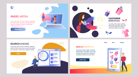 Online Marketing Set of Vector Color Templates. Online Advertising Strategy. Mass Media, Online Shopping, Search Engine, Customer Retention Walkthrough Steps Flat Illustration. UX, UI Interfaceのイラスト素材