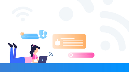 Freelancer Lady Work Laptop while Laying on Floor. Computer WiFi Signal is On. Business Woman Lay down Surf Social Media in Leisure. Online Shopping. Flat Cartoon Vector Illustrationのイラスト素材