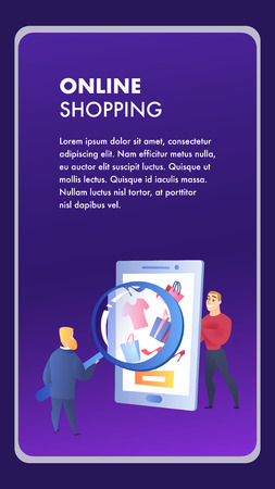Online Shopping Website Element Vector Template. Internet Marketing, E-Payment Illustration. E-Commerce Flat Landing Page. Advertising Campaign. Customer and Seller. Online Store Web Banner Conceptのイラスト素材
