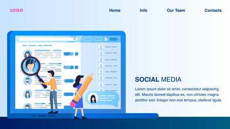 Magnifier Man Woman Hold Big Pencil Point Monitor. Social Media Profile Laptop Screen. Applicant Employee Online Resume. Male Character with Magnifying Glass. Flat Cartoon Vector Illustrationのイラスト素材