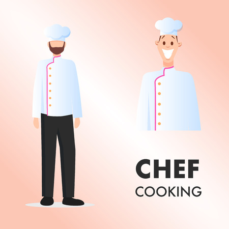 Smiling Happy Chef Cooking Two Character Pose Set. Cheerful Kitchen Worker in Overall Uniform, Hat Collection. Man Work Cook at Restaurant or catering. Flat Cartoon Vector Illustrationのイラスト素材