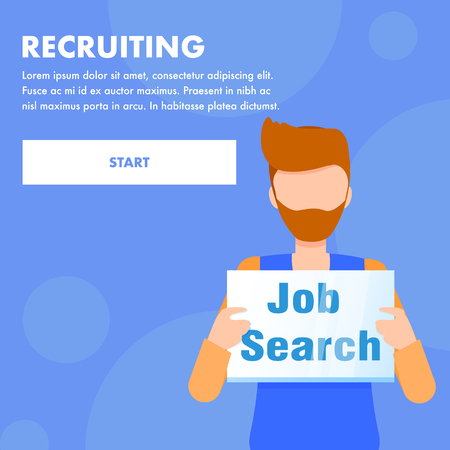 Unemployed Man Job Search Inscription on Nameplate. Bearded Employee Hold Sign in Hand. Male Candidate Character Recruiting. HR Applicant Selection. Flat Cartoon Vector Illustrationのイラスト素材