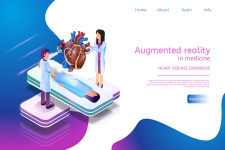 Isometric Banner Augmented Reality in Medicine 3d. Group Doctor Studying Heart Disease Diagnosis. Woman Patient Lies Medical Platform Clinic. Projection Human Heart Detailed Examination Diseaseのイラスト素材