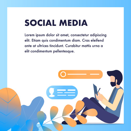Male Freelancer Sit Type Search Info Social Media. Bearded Man Writer, Painter or Blogger Character Hold Tablet. Network for Modern Employee Selection. Flat Cartoon Vector Illustrationのイラスト素材