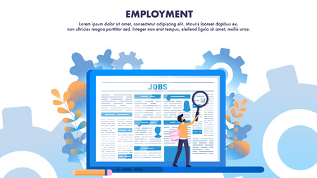 Man use Loupe Search Employment Newspaper Page. Find Job Online. Laptop with Vacancy Article on Monitor. Unemployed Character Look for Information with Tool. Flat Cartoon Vector Illustrationのイラスト素材