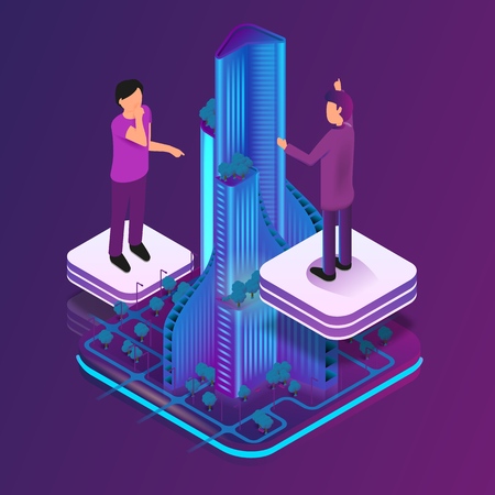 Isometric Image Augmented Reality for Architect. Vector Illustration Group Architect Working on Hologram Skyscraper Project. Man and Woman Engineer. Augmented Virtual Reality to Workのイラスト素材