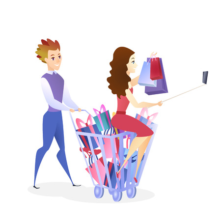Online Shopping Website Design Element Template. Couple Buying Presents. Woman Making Selfie. Customer Satisfaction Concept. Happy Clients Illustration. Online Store Web Banner Conceptのイラスト素材
