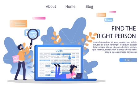 Man Character Find Right Person Employee Manager. Business Vacancy Online Presentation. Hr Agency Hire Female Employer. Employment Research Banner Flat Cartoon Vector Character Illustrationのイラスト素材