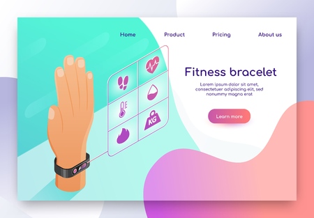 Fitness Bracelet Isometric Vector Web Banner. Human Hand with Bracelet, Sport Tracker on Wrist Illustration. Digital Gadget, Wearable Electronic Device for Sport Activity Stats Monitoring Landing Pageのイラスト素材