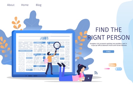 Business Manager Job Search Employee Magnifier. Recruiter Find Right Person to Vacancy. Hr Person Analysis Employer Resume. Profession Recruitment Banner Flat Cartoon Vector Character Illustrationのイラスト素材