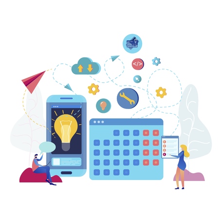 Mobile Application Calendar Vector Illustration. Lightbulb on Gadget show Developer Insight. Application on Smartphone send Paper Plane Message to Network. Cloud Service make Update in Female Listのイラスト素材