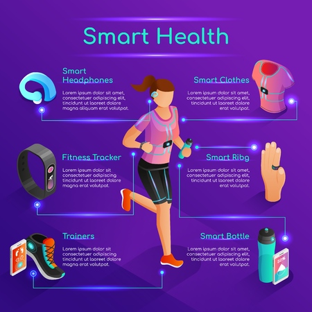 Smart Digital Gadgets for Fitness Exercises and Healthy Lifestyle 3d Isometric Vector Banner or Poster with Running Woman in Sportswear Using Various Electronic Devices for Efficient Physical Trainingのイラスト素材