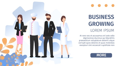 Different Occupation People Job Fair Flat Banner. Career Professional Staff Set. Manager Woman, Female Paramedic, Pilot Man and Restaurant Chef Pose for Corporate Team Cartoon Vector Illustrationのイラスト素材