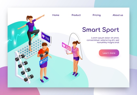 Smart Sport Isometric Vector Web Banner. People Measuring Heart Pulse with Digital Device while Doing Physical Exercises, Having Workout in Gym Illustration. Fitness Mobile Application Landing Pageのイラスト素材