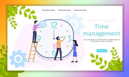 Work Time Management Organization Vector Banner. Female Manager control Human Resources Economy. People Analyze Development Timeline Improvement. Male Decrease Job Search Duration Processのイラスト素材