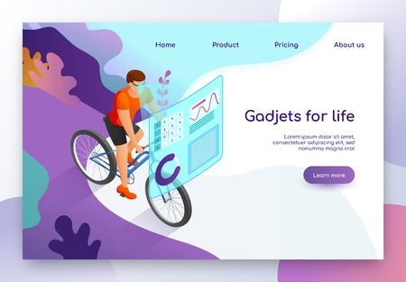 Digital Devices for Life and Sport Activity Isometric Vector Web Banner. Man Calculating Burned Calories with Smart Goggles while Riding Bike in Park Illustration. Fitness Gadget Landing Page Templateのイラスト素材