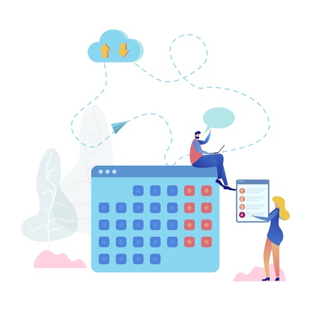 Cloud Service Online Calendar Vector Illustration. Developer with Laptop sit on Timetable Upload Program Change to Network. Virtual Storage recieve Data send Schedule Update. Female Refresh Listのイラスト素材