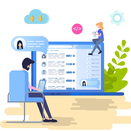 Search Social Personal Profile Vector Illustration. Man look, Analyz Social Media Id for Hiring Employee. Female Manager Update and Review Recruit List. People Data stored at Cloud Storageのイラスト素材