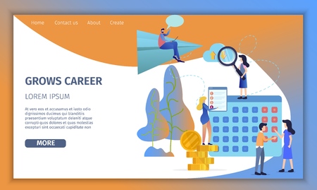 Business Man Grow Up Corporate Career Banner. Ambition Character Building Success Effort in Digital Company Job. Personal Dashboard for Financial Growth Flat Cartoon Vector Illustrationのイラスト素材