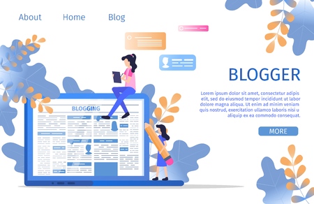 Social Media Online Blogger Business Character. Creative Copywriter hold Pencil at Laptop to Write Essay Content. Blogging Writer Edit Blog Storytelling Post Banner Flat Cartoon Vector Illustrationのイラスト素材