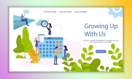 Team Schedule Management Success Growing Up Banner. Female stay on Money Stack Refresh List. Woman with Magnifier on Calendar watch Data Exchange Method. Manager explain Male Timeline Optimisationのイラスト素材