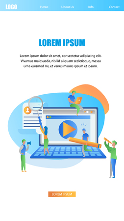 Huge Laptop, Studying People Around. Distance Learning, Online Courses, Education, Collective Learning Process, Exam Preparation. Flat Vector Colorful Illustration. Vertical Banner with Copy Space.のイラスト素材