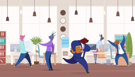 Office Workers with Animals Heads Vector Clipart. Metaphor of Workers as Lion, Bear, Fox, Rabbit, Deer. Flat Color Cartoon Businessman in Suit Hurrying up. Work Rush Concept. Busy, Stressed Employeesのイラスト素材