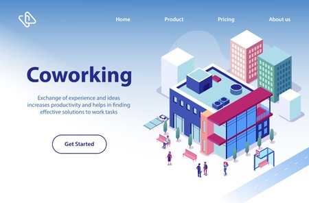 Commercial Real Estate Object Isometric Vector Web Banner or Landing Page Template with Business People Walking near Modern Coworking Center, Company Office Building in City Downtown Illustrationのイラスト素材