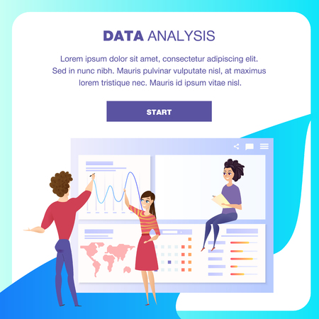Global Data Analysis Grath Landing Page Character. Business Woman Show Worldwide Finance Growth Chart. Digital Marketing Kpi Presentation Concept for Website or Web Page. Flat Vector Illustrationのイラスト素材