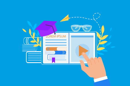 Index Finger Touch Tablet Screen to Play Button. Opened Page with Books and Copy Space. Academic Cap, Laurel, Paper Airplane. Outline Glasses and Books Signs. Blue Background, Flat Vector Illustrationのイラスト素材
