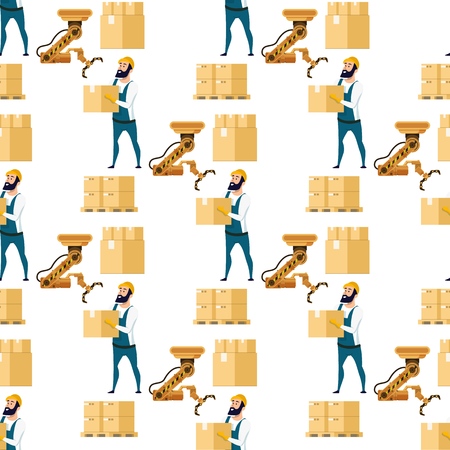 Automatic Box Packing Device Seamless Pattern. Brown Metal Factory Crane Robotic Claw Equipment. Factory Worker Character Holding Cardboard Package. Flat Cartoon Vector Illustrationの素材 [FY310125302421]