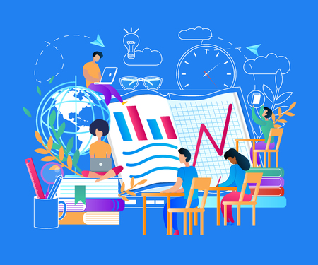 Online Education with Small People Characters Around of Computer Screen. Outline School Stuff Icons. Young Guys and Girls Collective Learning. Distance Internet Courses. Flat Vector Illustration.のイラスト素材