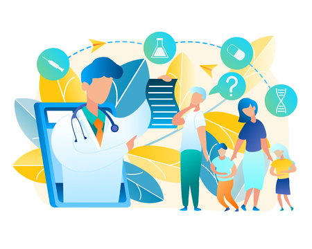 Vector Family Turned for Help Doctor Pediatrician. Illustration Men and Woman Consult Online with Doctor. Boy and Girl Holding to Sore Belly. Online Medicine Using Tablet Communication with Man Doctorのイラスト素材