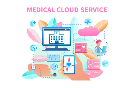 Banner Illustration Medical Cloud Service System. Vector Image Data Transfer from Patient Bracelet. Clinic Receives Patient Health Data Computer. Doctor Online Monitors Heart Person. Heart Radiogramのイラスト素材