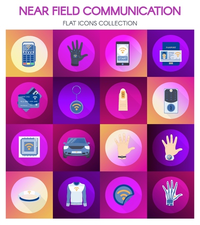 Near Field Communication Online Payment Banner. Electronic Money Set. Digital Purchase Item Collection. Cashless and Contactless Device Banking System. Cartoon Flat Icons Vector Illustrationのイラスト素材
