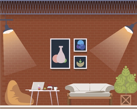 Coworking Space Center Creative Studio Interior. Cozy Office Design Loft Style. Shared Workplace for Freelancer with Beanbag Chair, Comfortable Couch. Flat Cartoon Vector Illustrationのイラスト素材