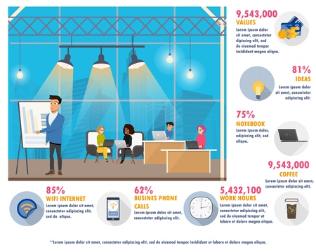 Character Making Presentation on Coworking Banner. Man Standing near Flip Board. Shared Workspace Service. Freelancer Talking and Working at Computer. Flat Cartoon Vector Illustrationのイラスト素材