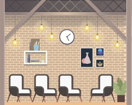 Modern Creative Coworking Workspace Loft Style. Comfortable Office Indoor Design. Creative Open Space Interior. Shared Work Area with Chair for Meeting or Conference. Flat Cartoon Vector Illustrationのイラスト素材