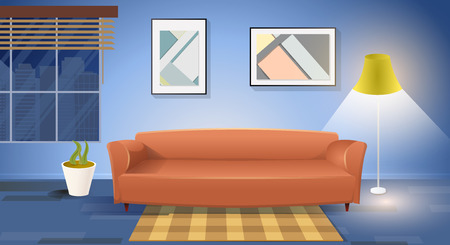 Living Room Interior Cartoon Vector Illustration with Comfortable Sofa in cozy Room, Window Overlooking on Night City, Lighted Elegant Floor Lamp, Plant in Pot, Carpet on Floor and Paintings on Wallのイラスト素材