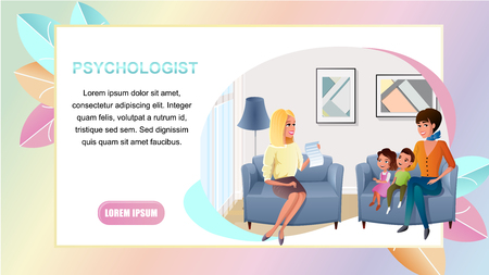Family Psychologist Practice Cartoon Vector Horizontal Web Banner with Happy Young Mother Sitting in Armchair, Visiting Doctors Office with Kids Illustration. Children Upbringing Online Consultationのイラスト素材