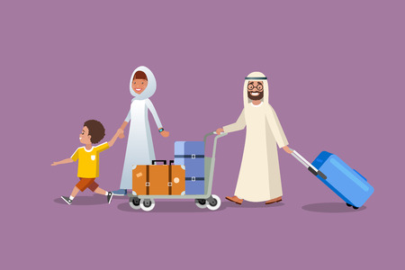 Happy Muslim Family Traveling with Baggage Cartoon Vector. Smiling Parents in Traditional Arabian Ethnic Clothes Walking with Child, Carrying Bags on Trolley Illustration. Saudi Tourists Conceptのイラスト素材