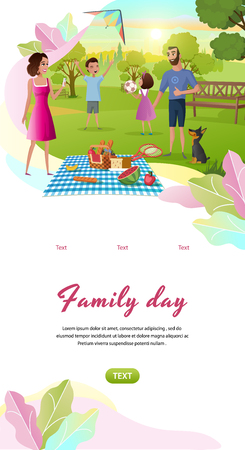 Family Day Cartoon Vector Vertical Mobile App Web Banner Template With Happy Parents Resting Together in Park, Children Playing Ball, Launching Kite Illustration. Father and Mother on Picnic with Kidsのイラスト素材