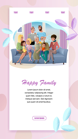 Happy Family Cartoon Vector Vertical Web Banner with Senior Couple Spending Time with Children, Relatives Gathering at Home Illustration. Service for Retired People Landing Page. Family Generationsのイラスト素材