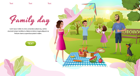 Family Day Cartoon Vector Horizontal Web Banner with Happy Parents Resting Together in Park, Children Playing Ball, Launching Kite on Green Meadow Illustration. Father and Mother on Picnic with Kidsのイラスト素材