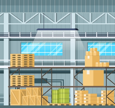 Storage Interior with Goods, Tank, Box on Shelf. Warehouse Indoor Design with Freight, Weight on Wooden Pallet, Tray, Container and Cardboard Package. Flat Cartoon Vector Illustrationのイラスト素材